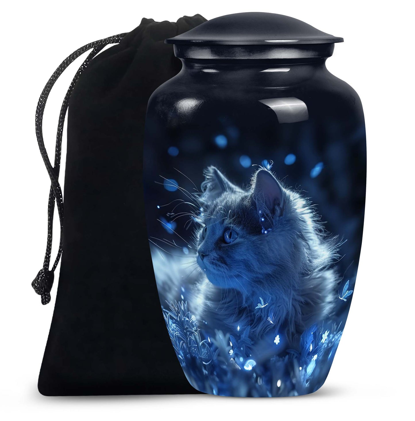 Cat Urn for Pet Ashes, Blue Cat Portrait with Sparkles, Memorial Urn