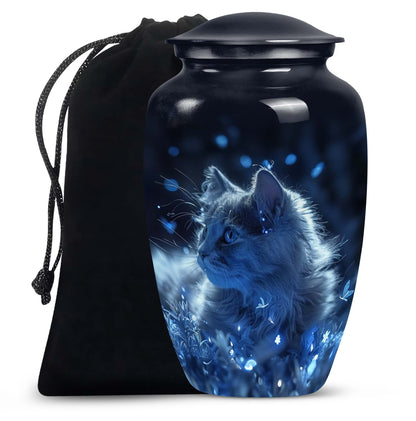 Cat Urn for Pet Ashes, Blue Cat Portrait with Sparkles, Memorial Urn