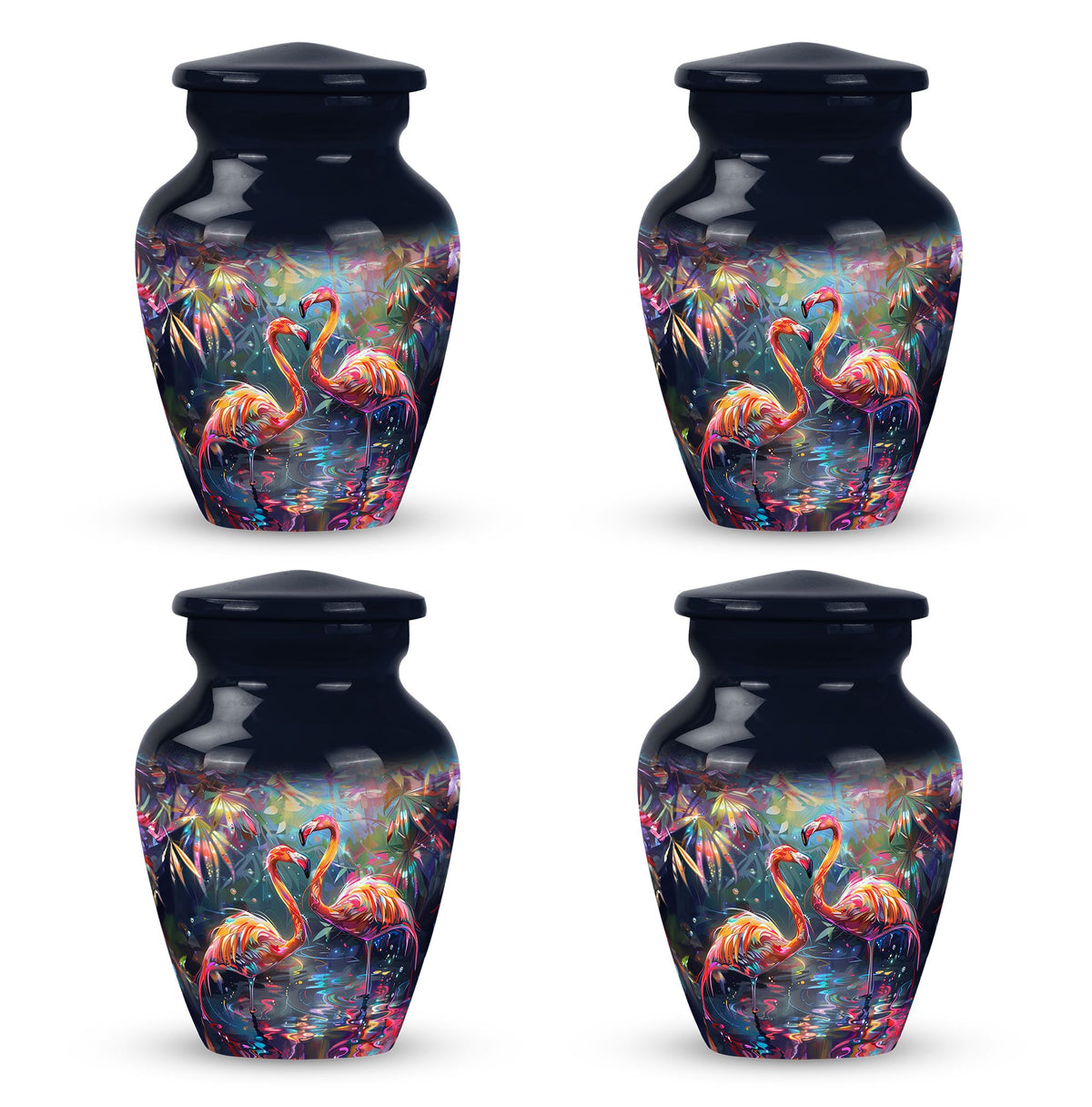 Bird Urn for Ashes, Two Flamingos in Dark Tropical Foliage, Memorial Urn
