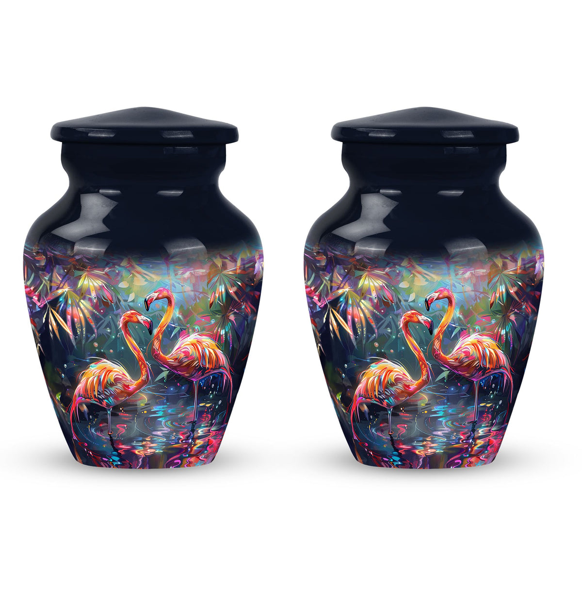 Bird Urn for Ashes, Two Flamingos in Dark Tropical Foliage, Memorial Urn