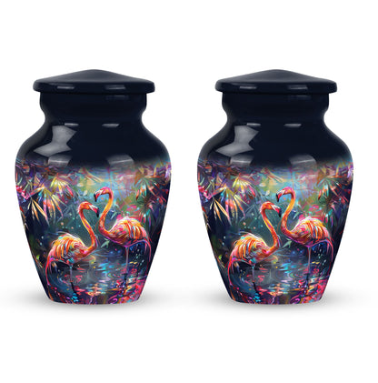 Bird Urn for Ashes, Two Flamingos in Dark Tropical Foliage, Memorial Urn