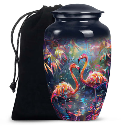 Bird Urn for Ashes, Two Flamingos in Dark Tropical Foliage, Memorial Urn