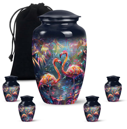 Bird Urn for Ashes, Two Flamingos in Dark Tropical Foliage, Memorial Urn