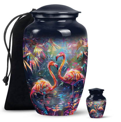 Bird Urn for Ashes, Two Flamingos in Dark Tropical Foliage, Memorial Urn