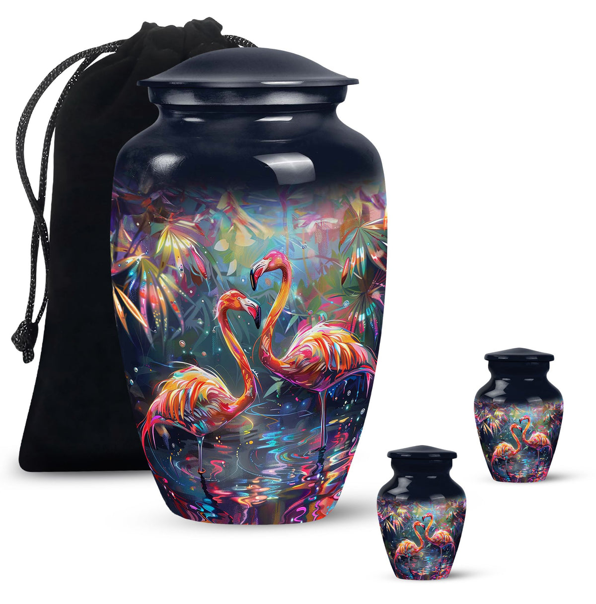 Bird Urn for Ashes, Two Flamingos in Dark Tropical Foliage, Memorial Urn
