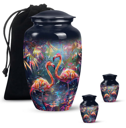 Bird Urn for Ashes, Two Flamingos in Dark Tropical Foliage, Memorial Urn