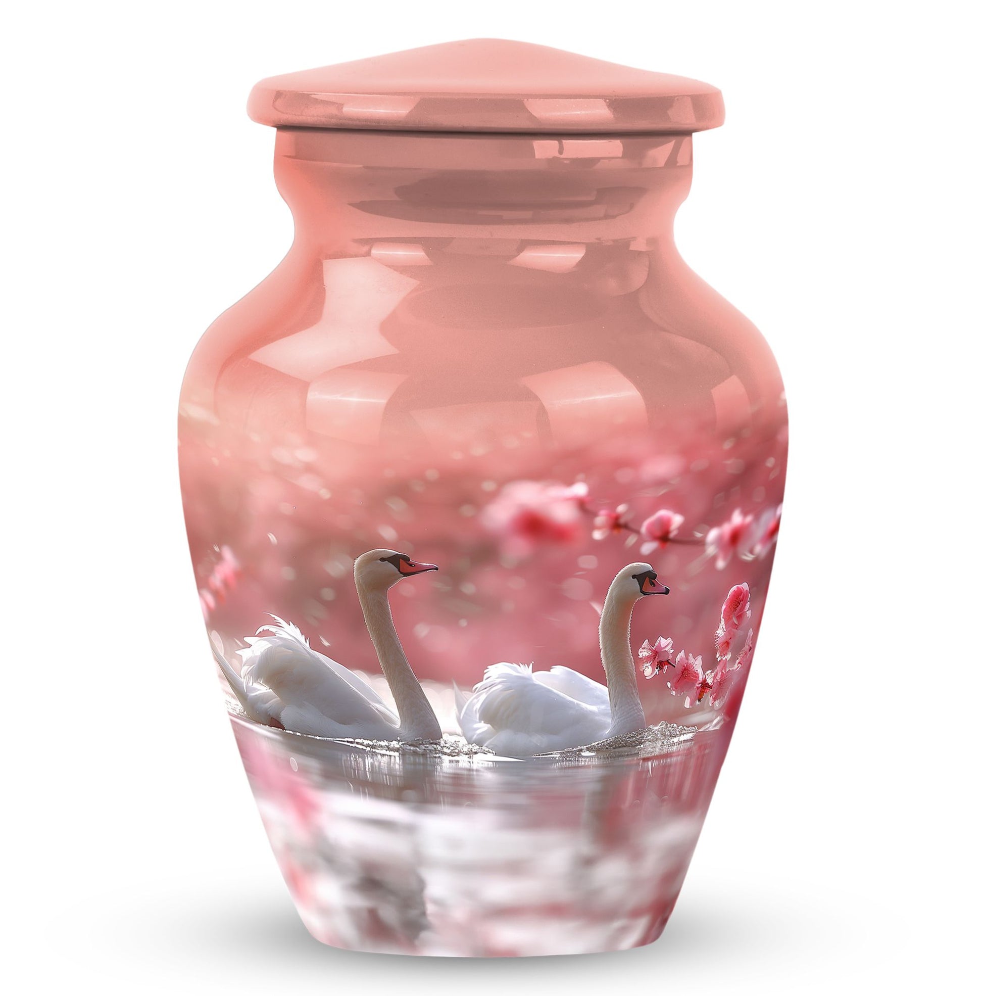 Elegant White Swan Urn – Pink Cherry Blossom Design For Human Ashes