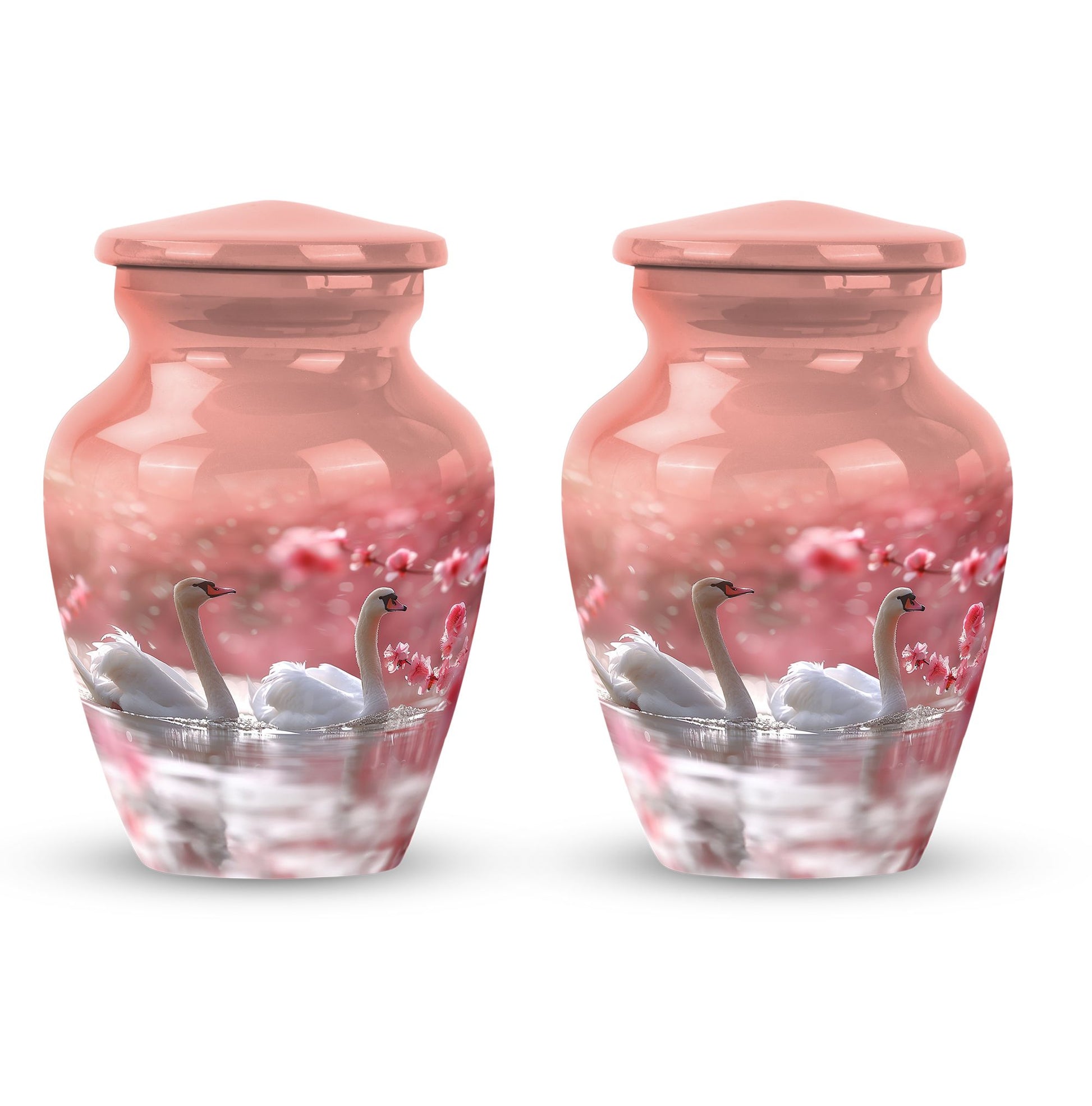 Elegant White Swan Urn – Pink Cherry Blossom Design For Human Ashes