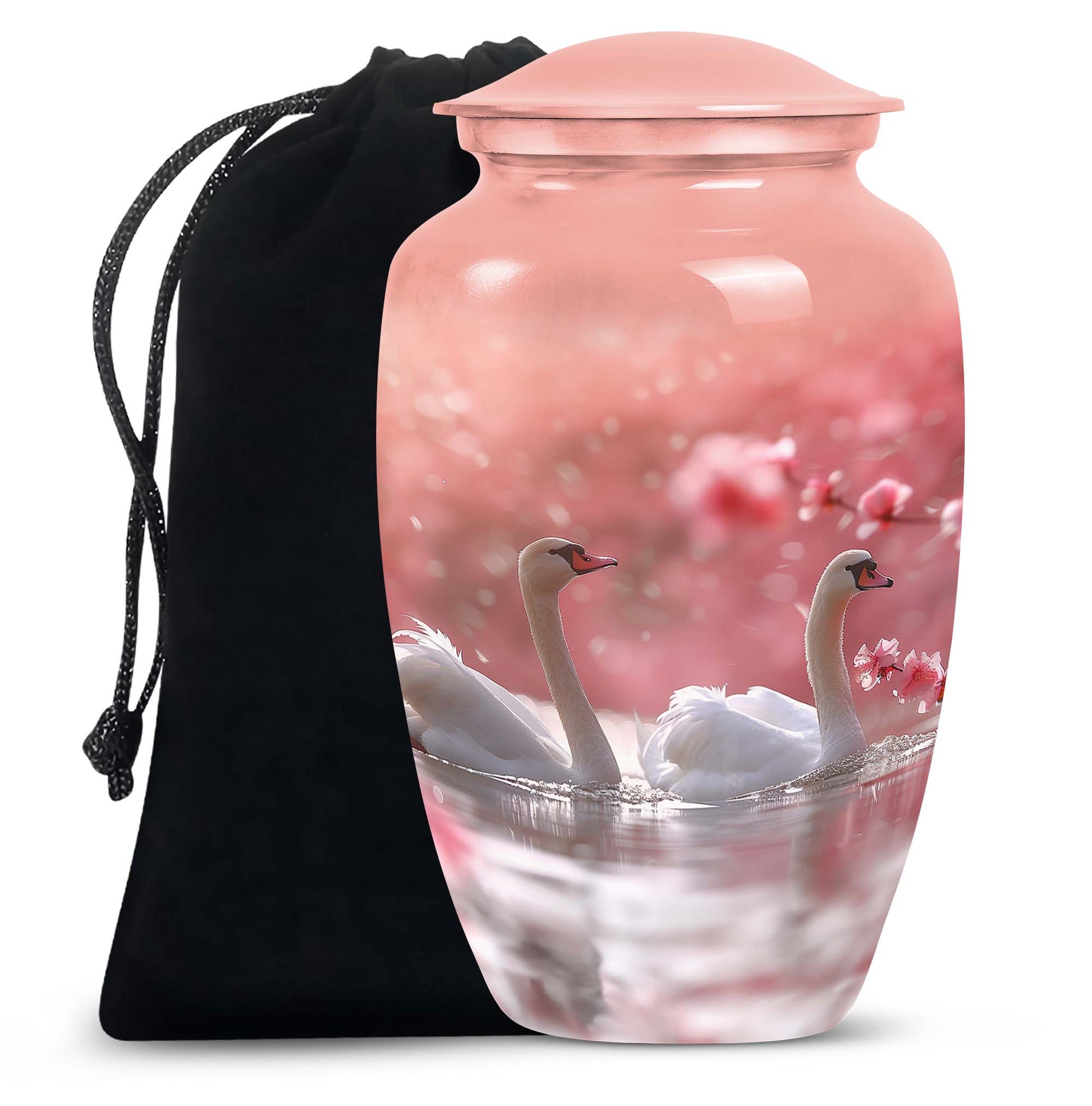 Elegant White Swan Urn – Pink Cherry Blossom Design For Human Ashes