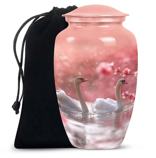 Elegant White Swan Urn – Pink Cherry Blossom Design For Human Ashes
