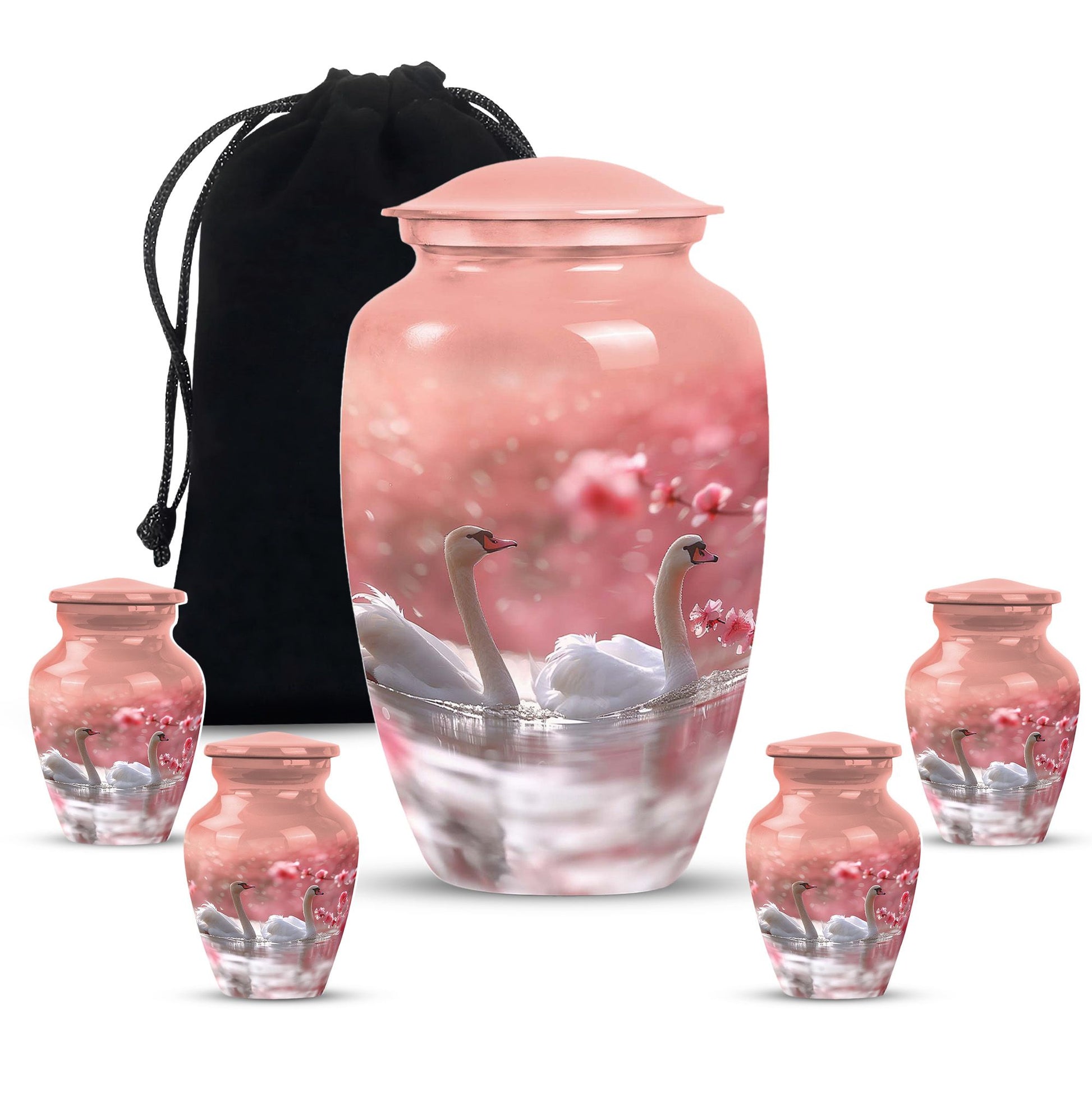 Elegant White Swan Urn – Pink Cherry Blossom Design For Human Ashes