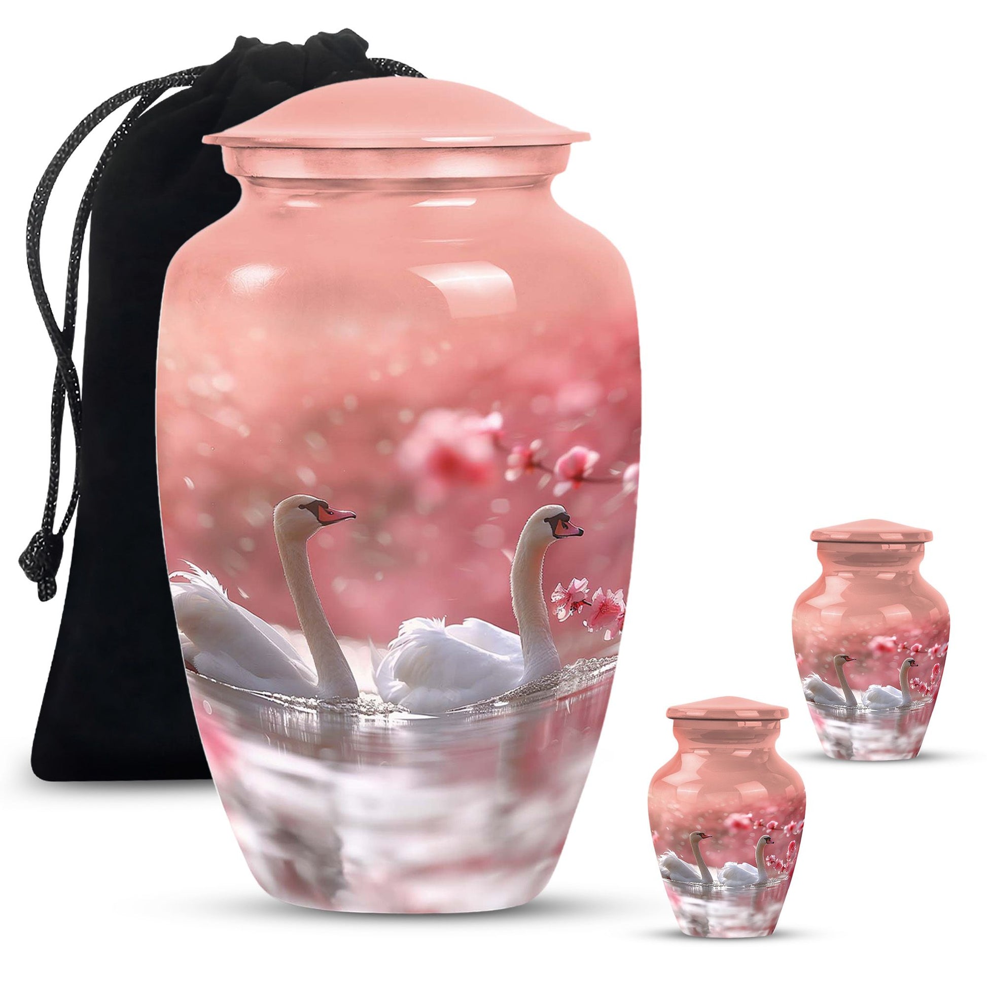 Elegant White Swan Urn – Pink Cherry Blossom Design For Human Ashes