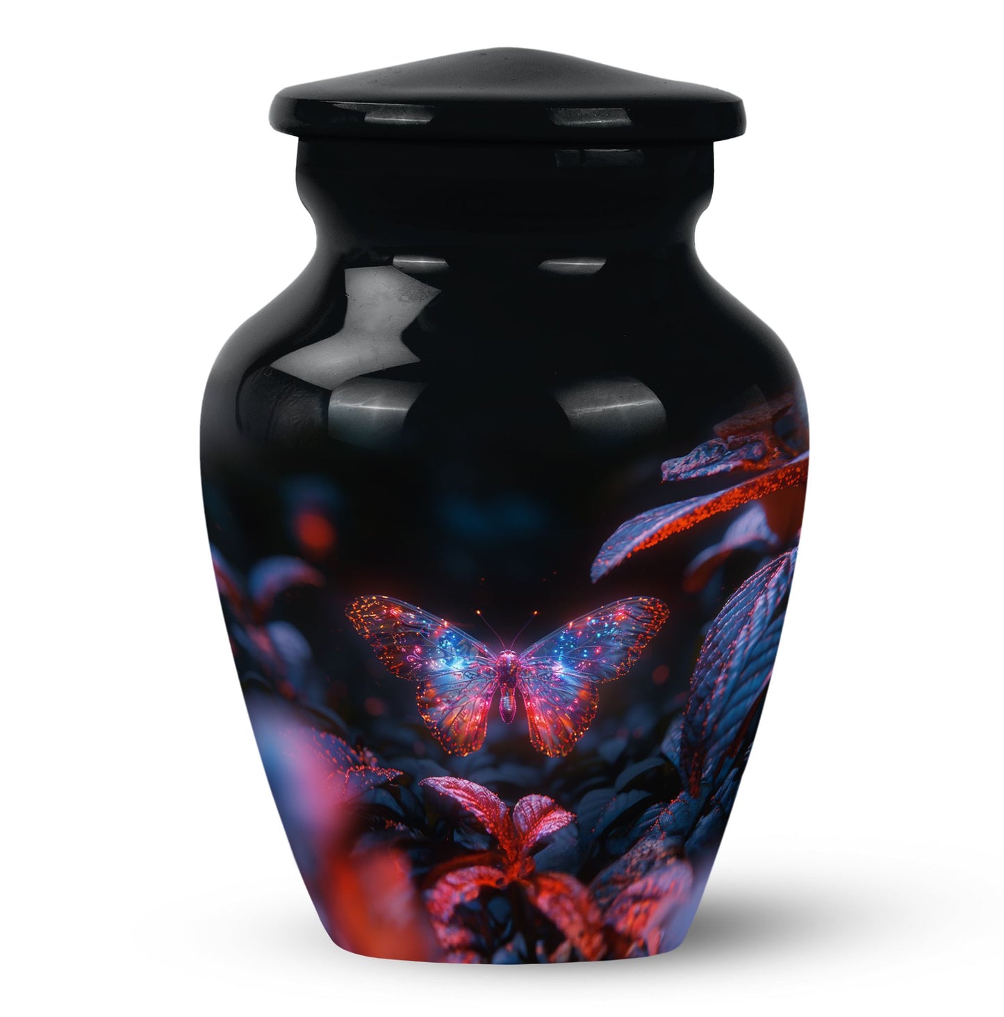 Butterfly Urn for Human Ashes, Sparkly Purple Wings Among Red Leaves, Black Gloss Urn