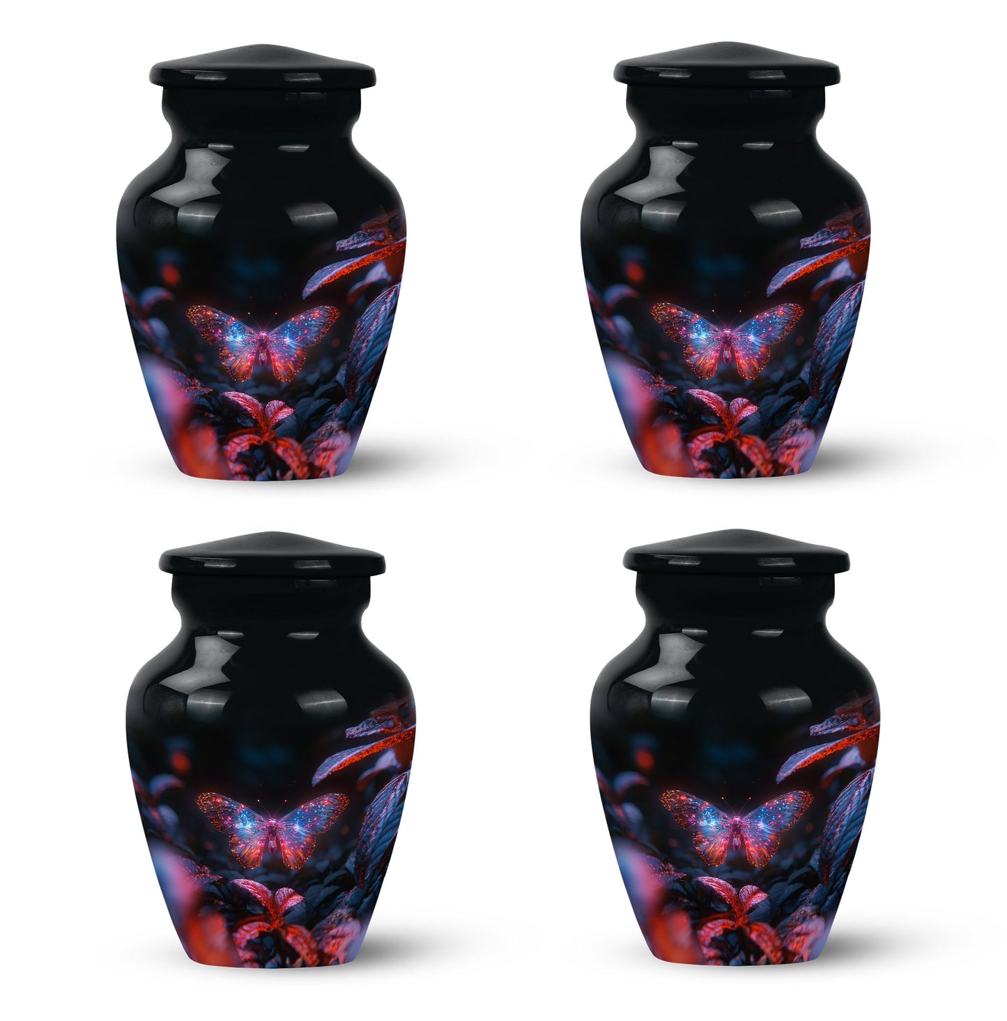 Butterfly Urn for Human Ashes, Sparkly Purple Wings Among Red Leaves, Black Gloss Urn