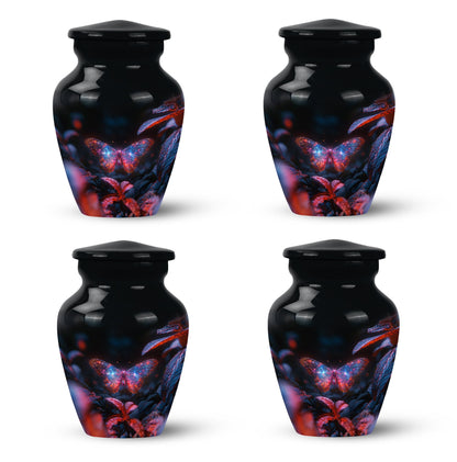 Butterfly Urn for Human Ashes, Sparkly Purple Wings Among Red Leaves, Black Gloss Urn