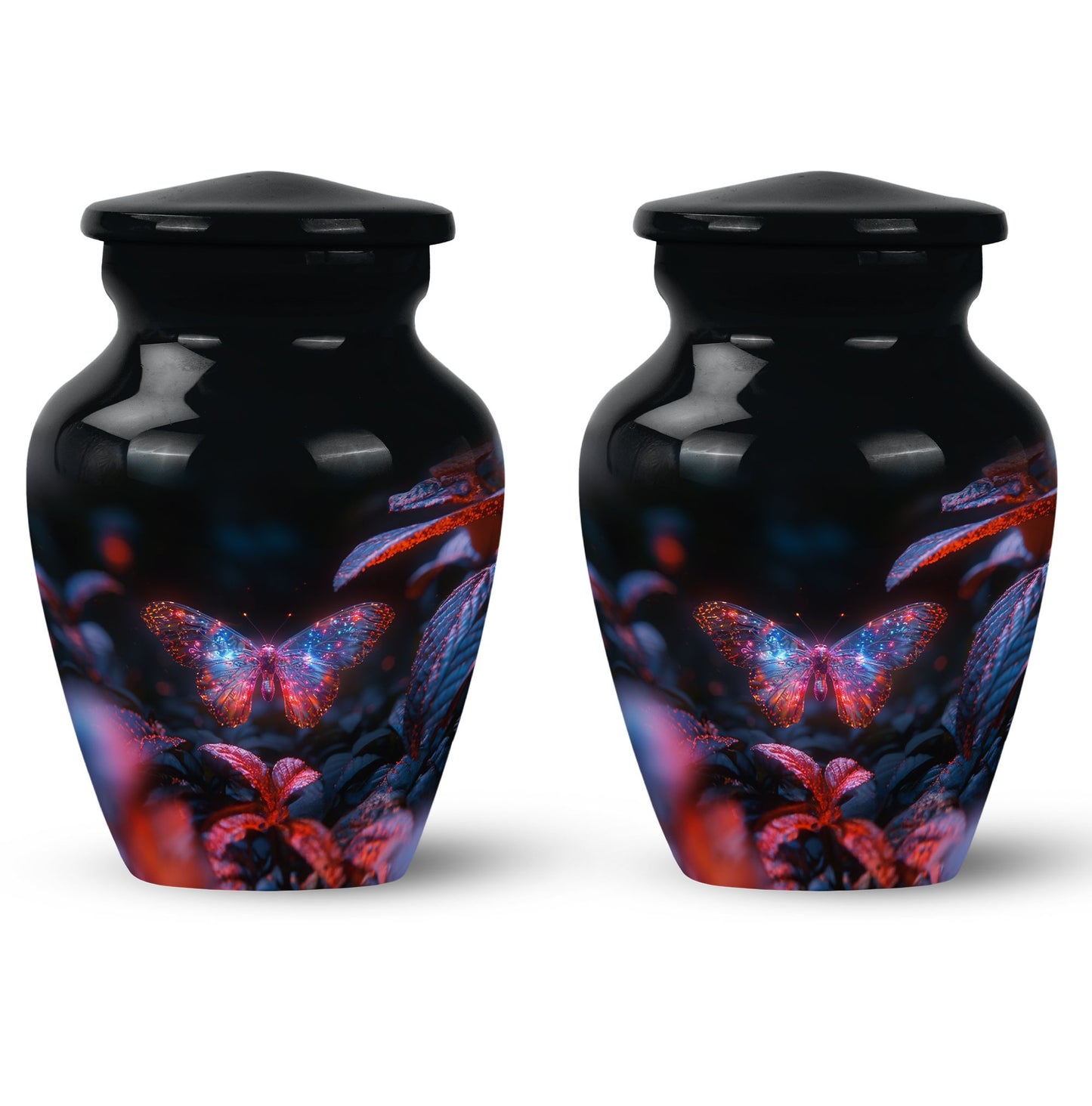 Butterfly Urn for Human Ashes, Sparkly Purple Wings Among Red Leaves, Black Gloss Urn