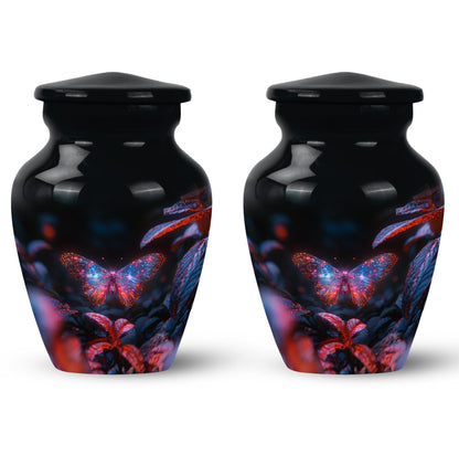 Butterfly Urn for Human Ashes, Sparkly Purple Wings Among Red Leaves, Black Gloss Urn