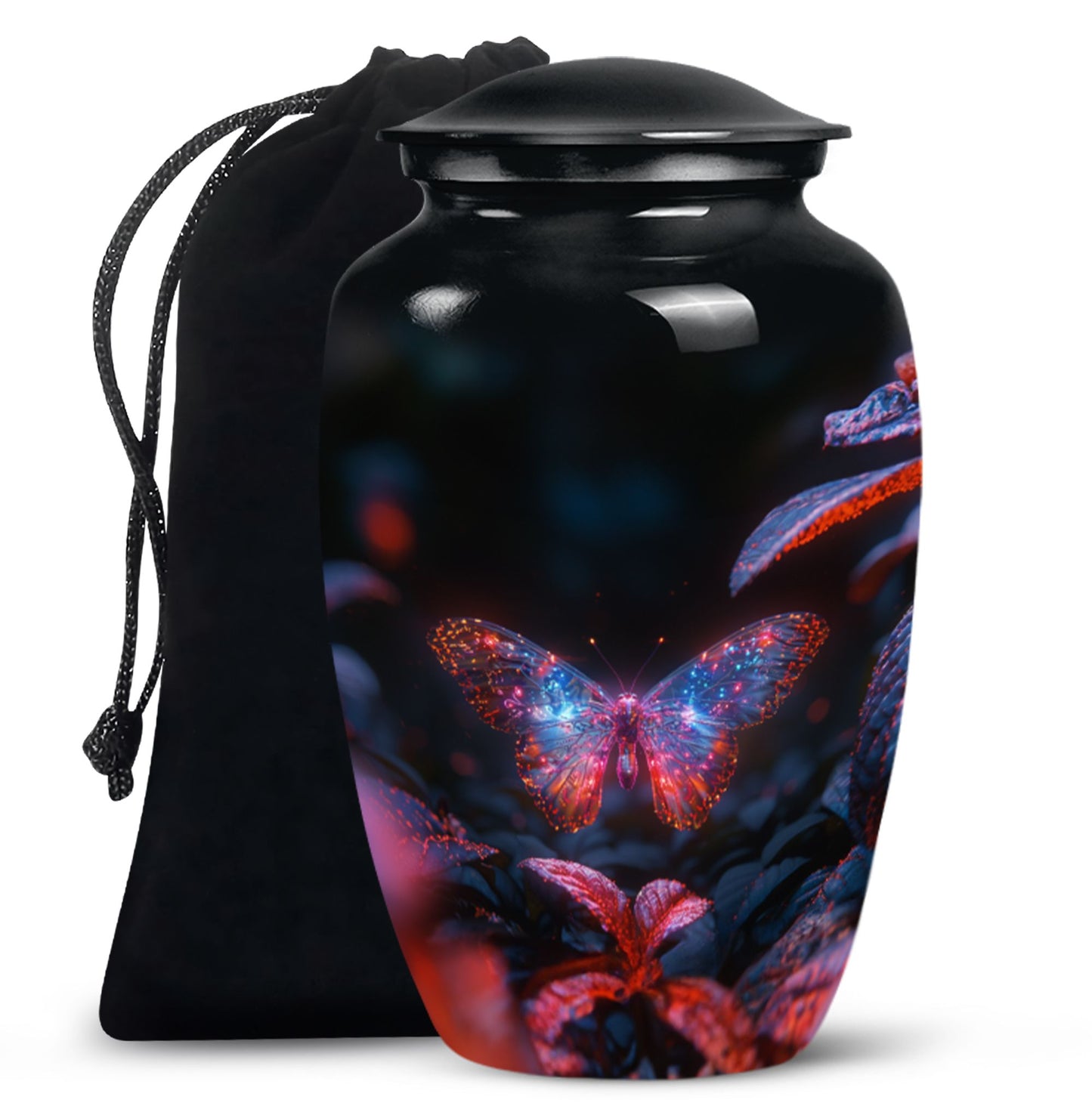 Butterfly Urn for Human Ashes, Sparkly Purple Wings Among Red Leaves, Black Gloss Urn