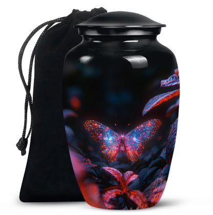 Butterfly Urn for Human Ashes, Sparkly Purple Wings Among Red Leaves, Black Gloss Urn