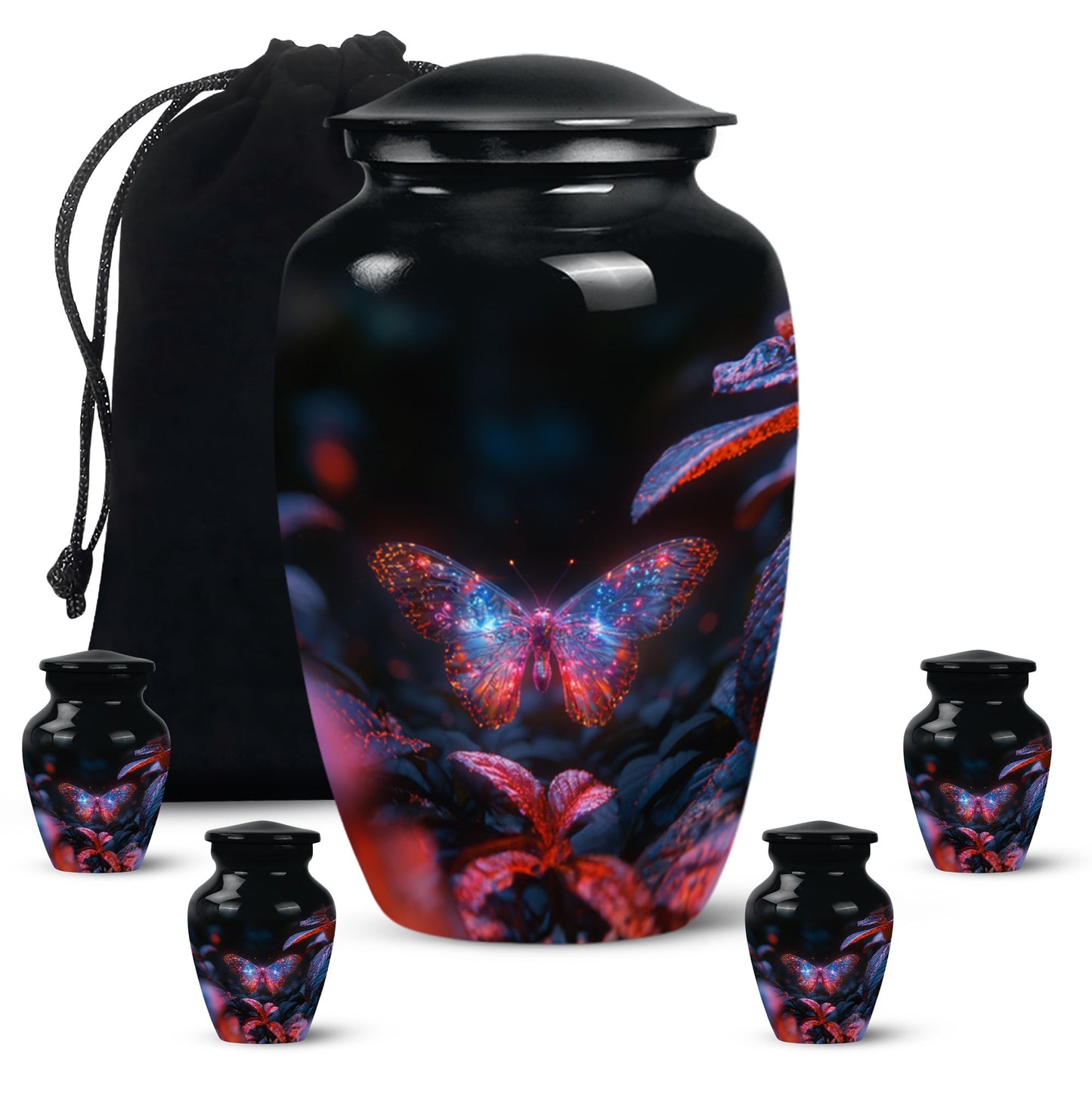 Butterfly Urn for Human Ashes, Sparkly Purple Wings Among Red Leaves, Black Gloss Urn