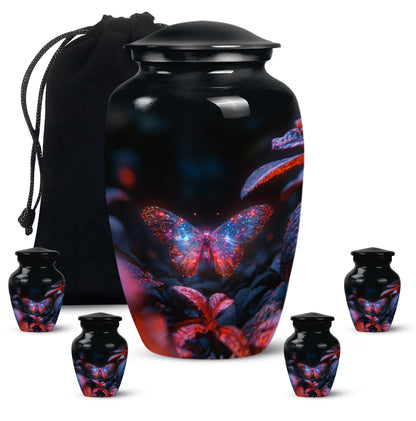 Butterfly Urn for Human Ashes, Sparkly Purple Wings Among Red Leaves, Black Gloss Urn
