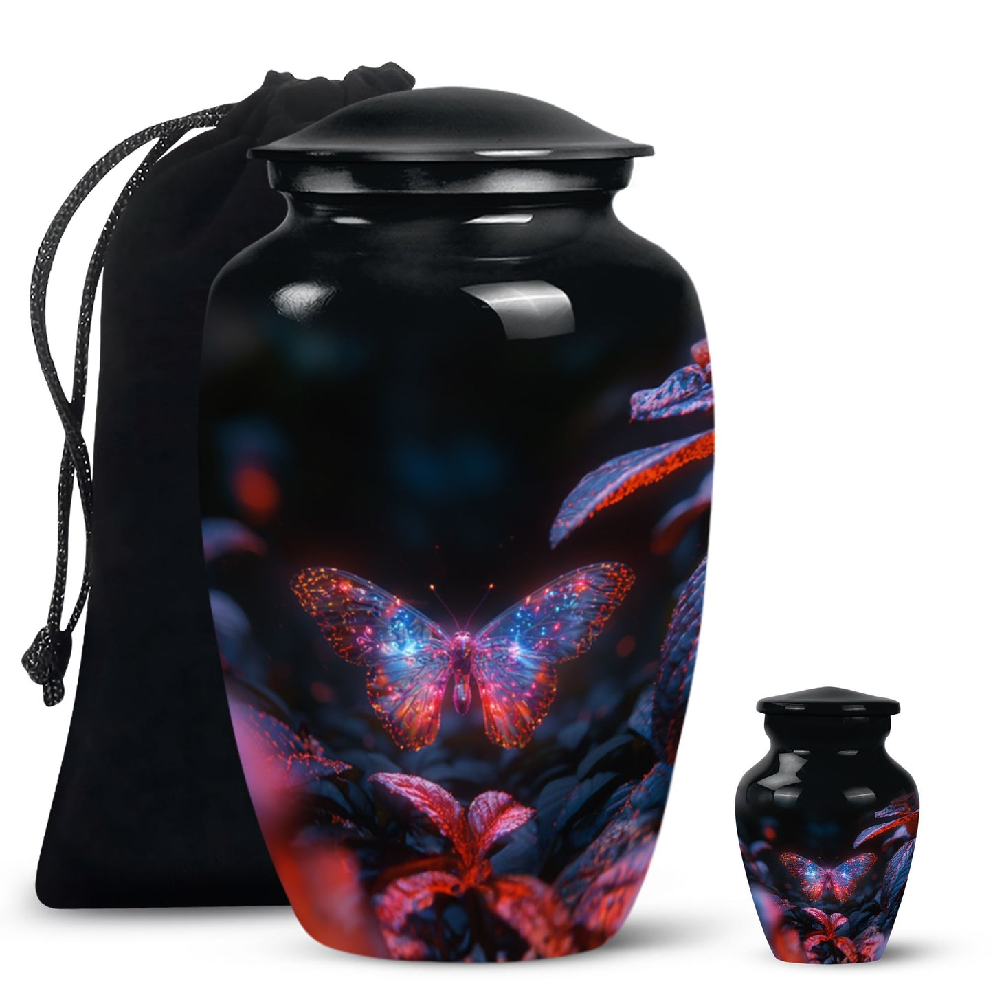 Butterfly Urn for Human Ashes, Sparkly Purple Wings Among Red Leaves, Black Gloss Urn