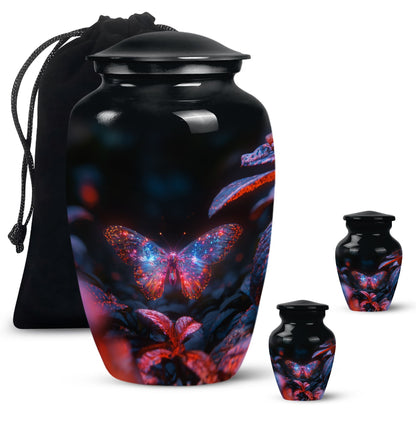 Butterfly Urn for Human Ashes, Sparkly Purple Wings Among Red Leaves, Black Gloss Urn