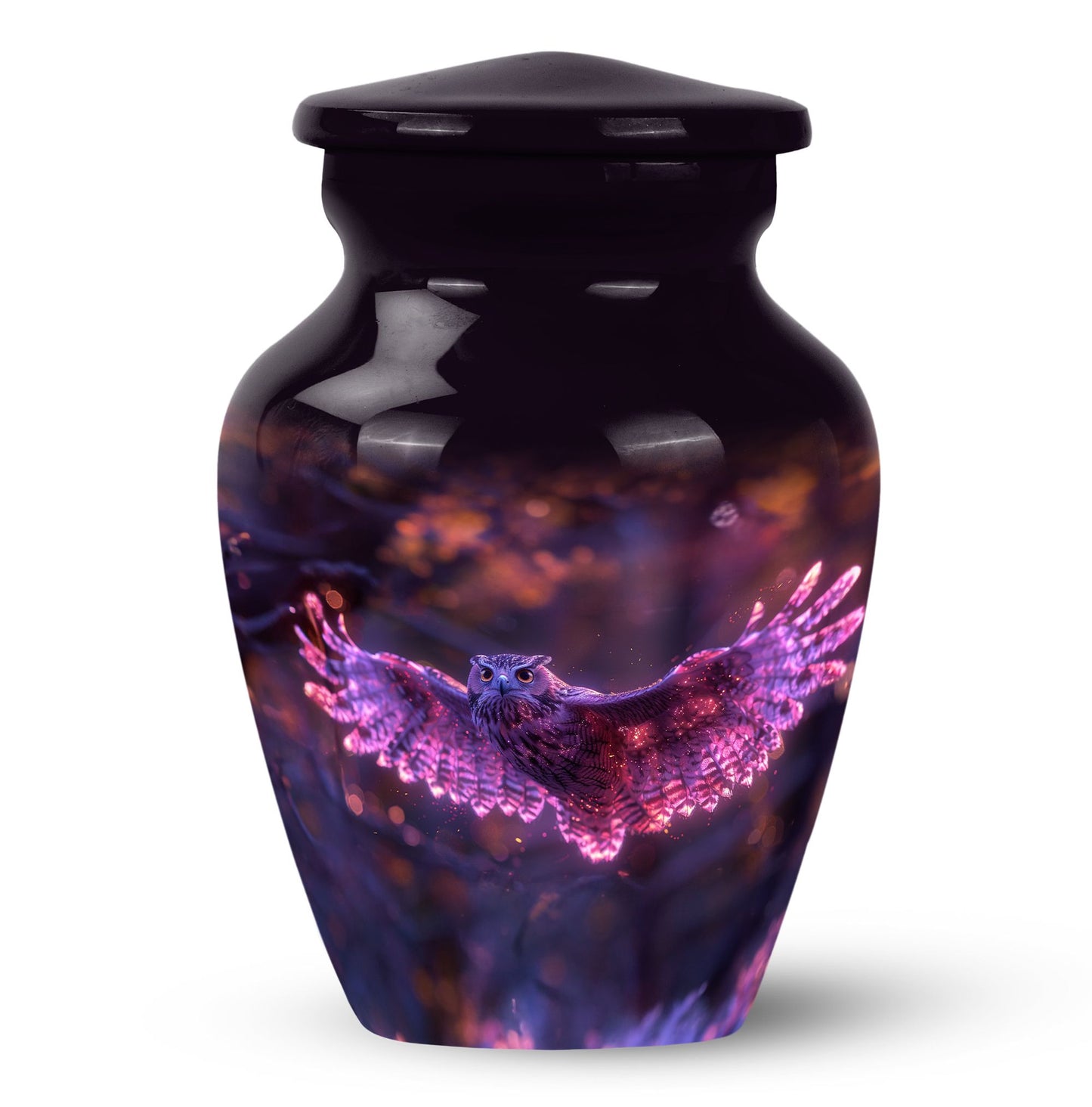 Owl Urn for Human Ashes, With Spread Purple Glowing Wings, Cremation Urn