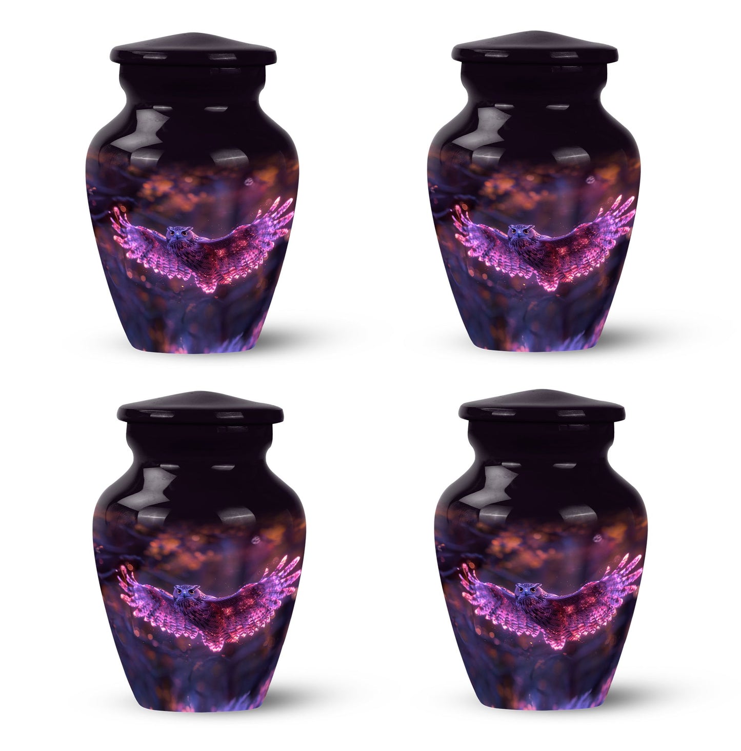 Owl Urn for Human Ashes, With Spread Purple Glowing Wings, Cremation Urn
