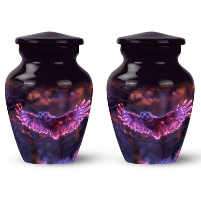 Owl Urn for Human Ashes, With Spread Purple Glowing Wings, Cremation Urn