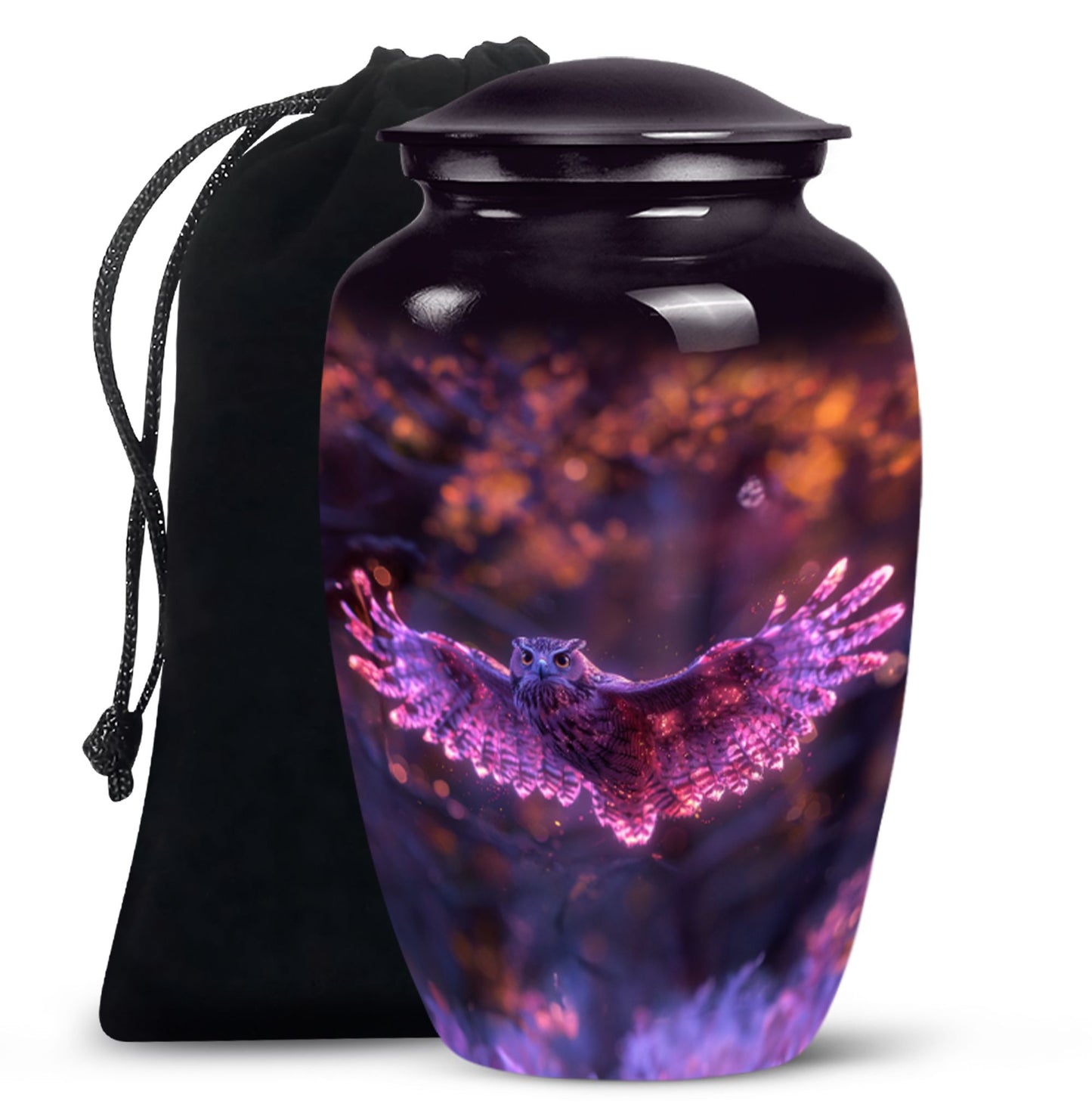 Owl Urn for Human Ashes, With Spread Purple Glowing Wings, Cremation Urn
