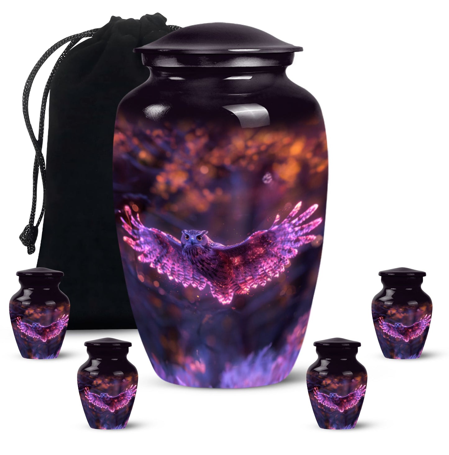 Owl Urn for Human Ashes, With Spread Purple Glowing Wings, Cremation Urn