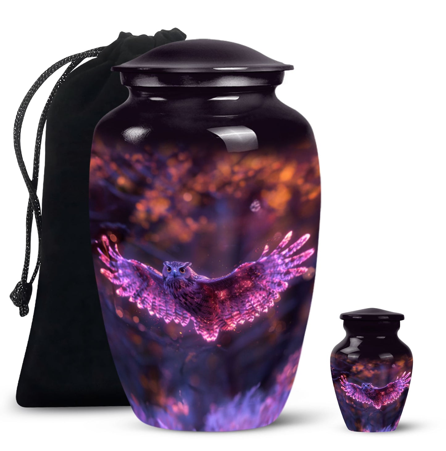 Owl Urn for Human Ashes, With Spread Purple Glowing Wings, Cremation Urn