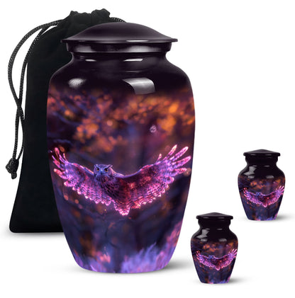 Owl Urn for Human Ashes, With Spread Purple Glowing Wings, Cremation Urn