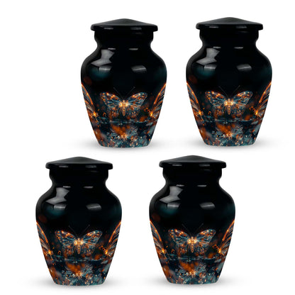 Butterfly Urn for Human Ashes, Glowing Gold Wings with Sparkle Particles, Black Gloss Urn