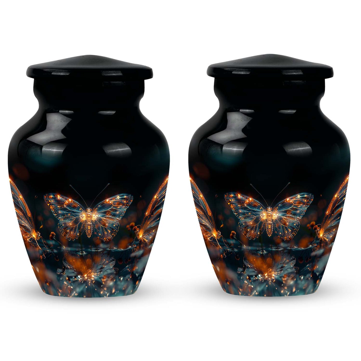 Butterfly Urn for Human Ashes, Glowing Gold Wings with Sparkle Particles, Black Gloss Urn