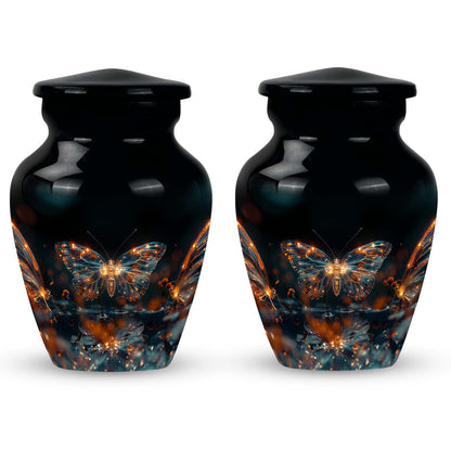 Butterfly Urn for Human Ashes, Glowing Gold Wings with Sparkle Particles, Black Gloss Urn