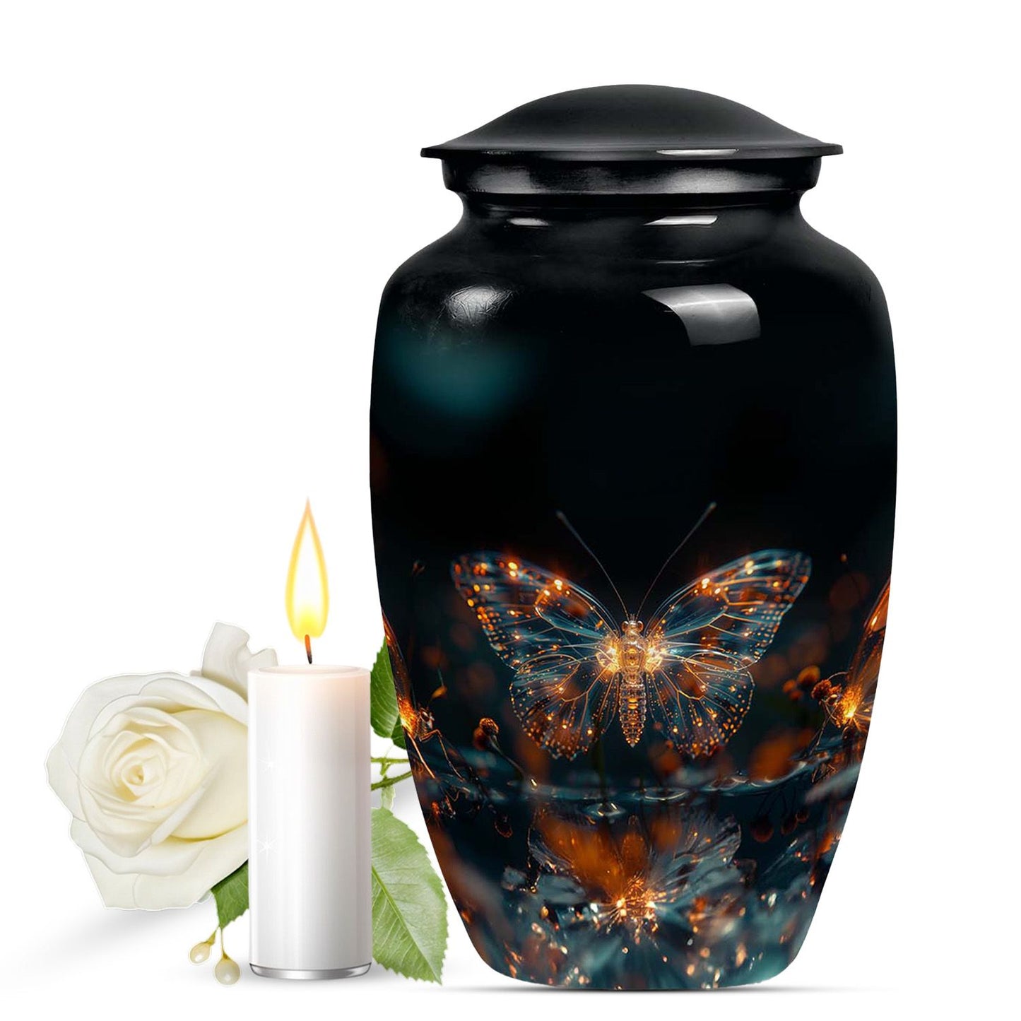 Butterfly Urn for Human Ashes, Glowing Gold Wings with Sparkle Particles, Black Gloss Urn
