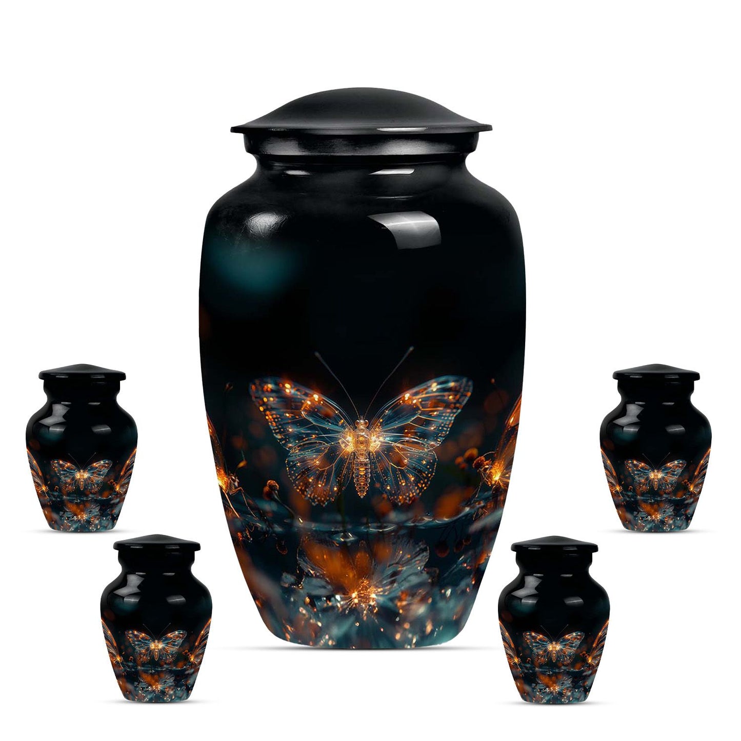 Butterfly Urn for Human Ashes, Glowing Gold Wings with Sparkle Particles, Black Gloss Urn
