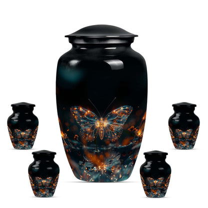 Butterfly Urn for Human Ashes, Glowing Gold Wings with Sparkle Particles, Black Gloss Urn