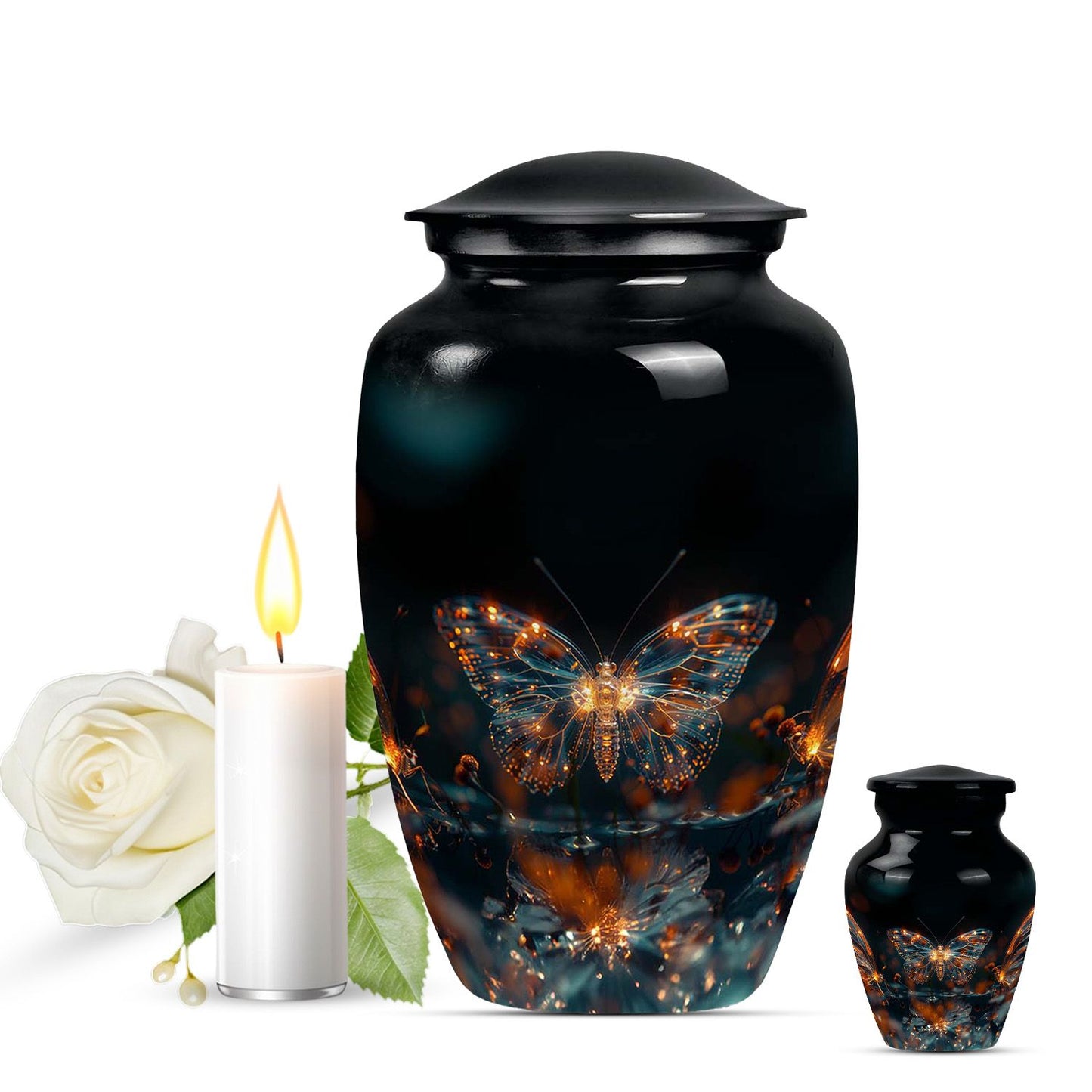 Butterfly Urn for Human Ashes, Glowing Gold Wings with Sparkle Particles, Black Gloss Urn