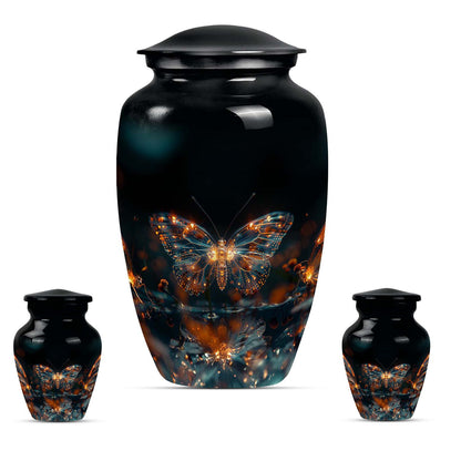 Butterfly Urn for Human Ashes, Glowing Gold Wings with Sparkle Particles, Black Gloss Urn
