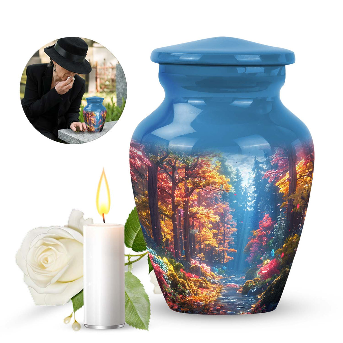 Forest Urn for Human Ashes, Colorful Autumn Path Through Trees, Cremation Urn