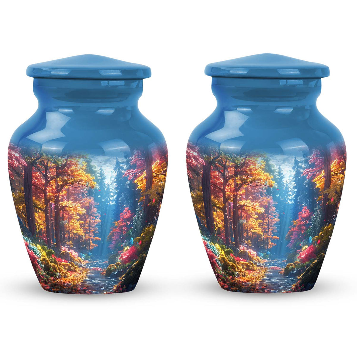 Forest Urn for Human Ashes, Colorful Autumn Path Through Trees, Cremation Urn
