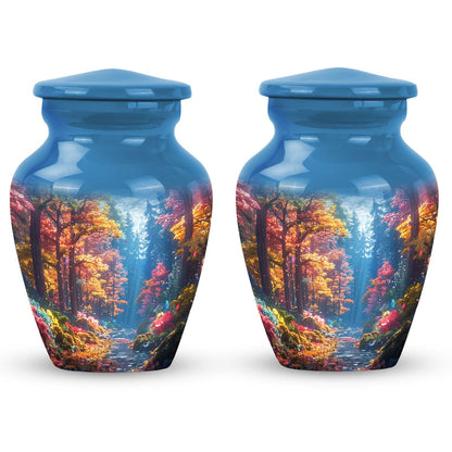 Forest Urn for Human Ashes, Colorful Autumn Path Through Trees, Cremation Urn