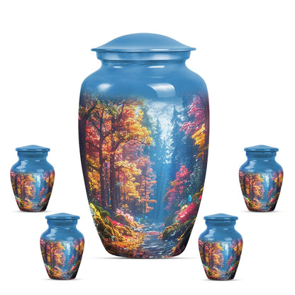 Forest Urn for Human Ashes, Colorful Autumn Path Through Trees, Cremation Urn