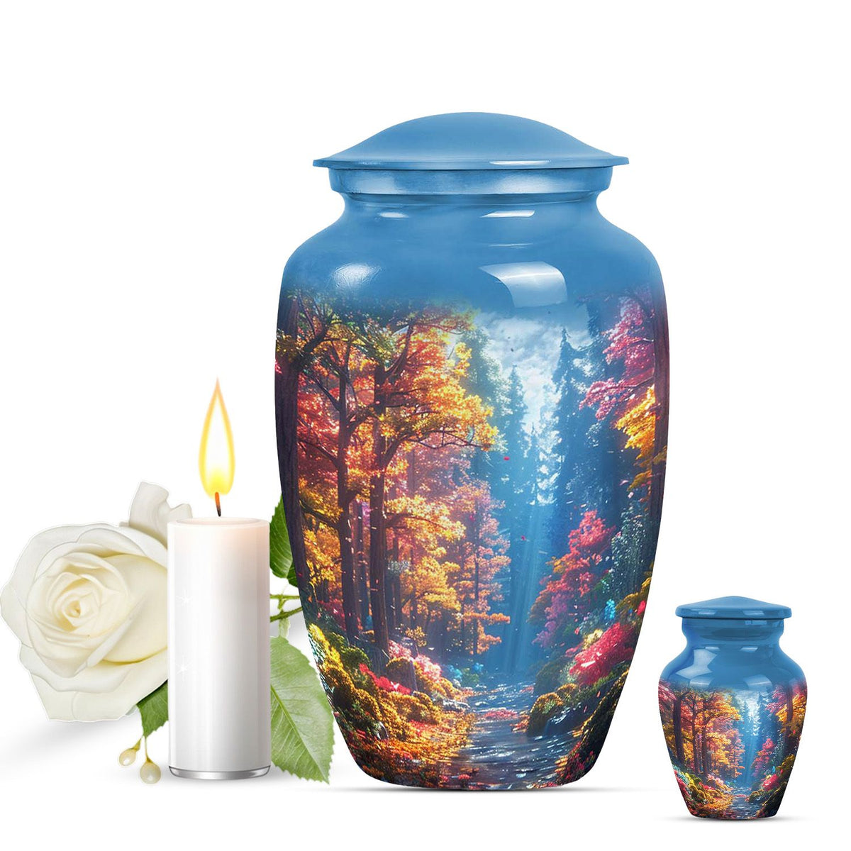 Forest Urn for Human Ashes, Colorful Autumn Path Through Trees, Cremation Urn