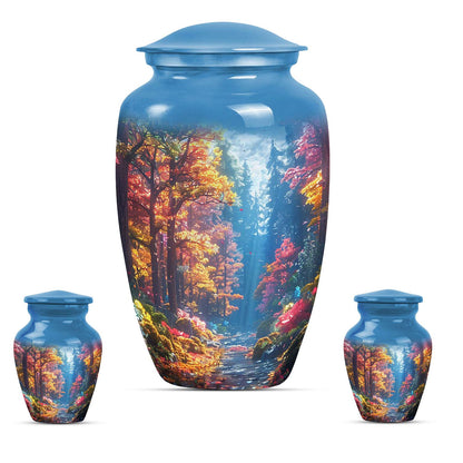 Forest Urn for Human Ashes, Colorful Autumn Path Through Trees, Cremation Urn