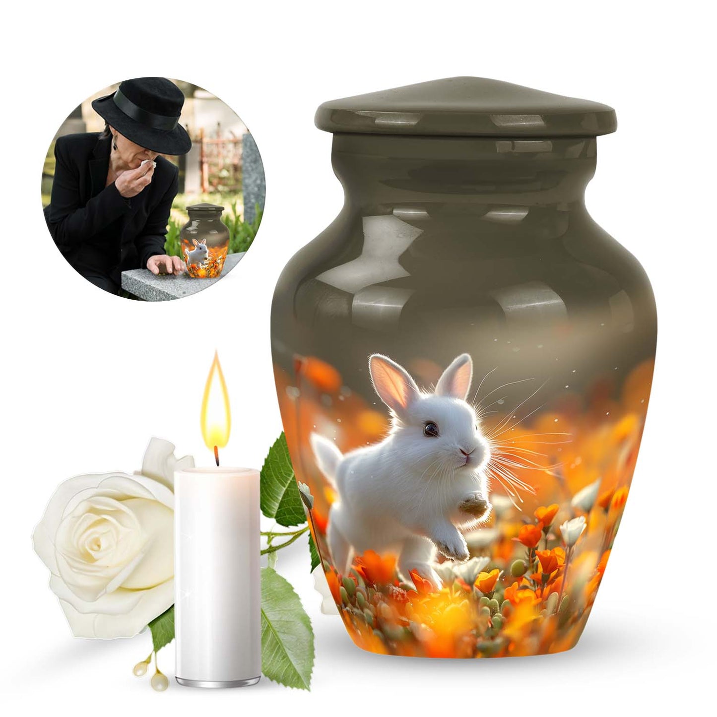 White Personalized Rabbit Cremation Urn for Pet Ashes - 10-inch, 200 cu in - Yatskia