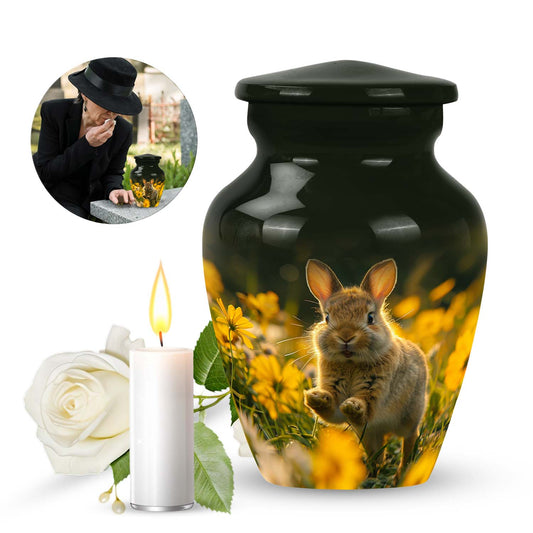Rabbit Urn for Pet Ashes, Brown in Yellow Flowers, Black Cylindrical Urn